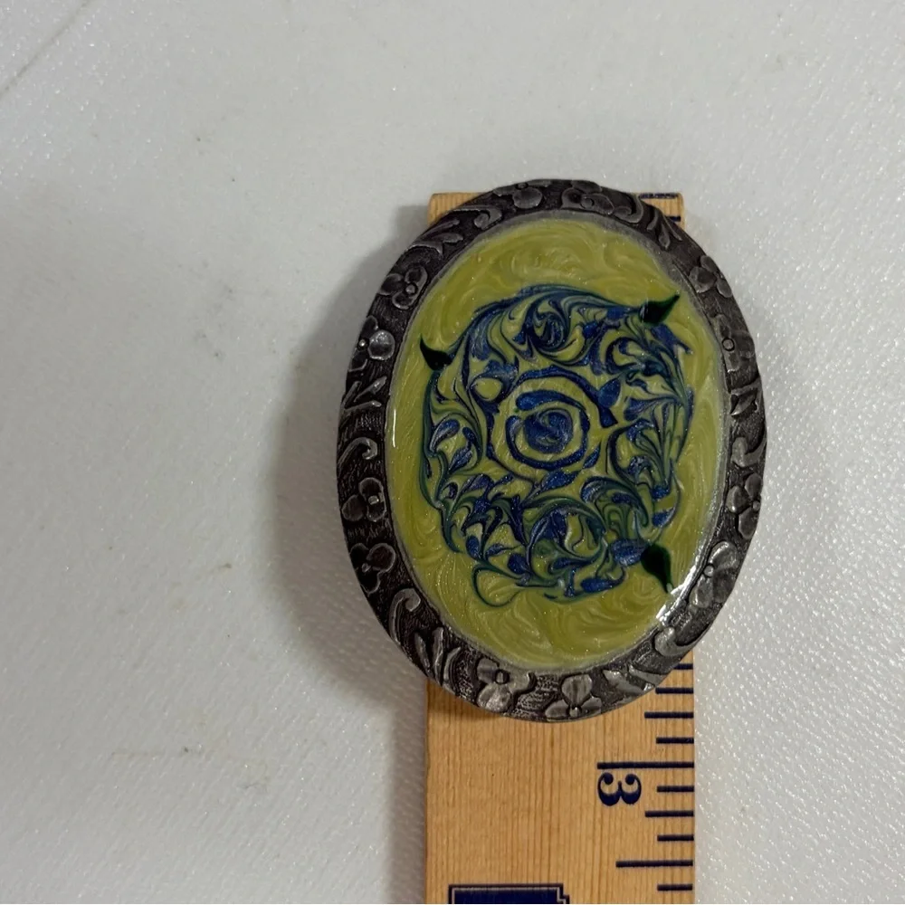 Belt Buckle Metal and Resin Handmade Artisan Blue and Yellow Womens Buckle